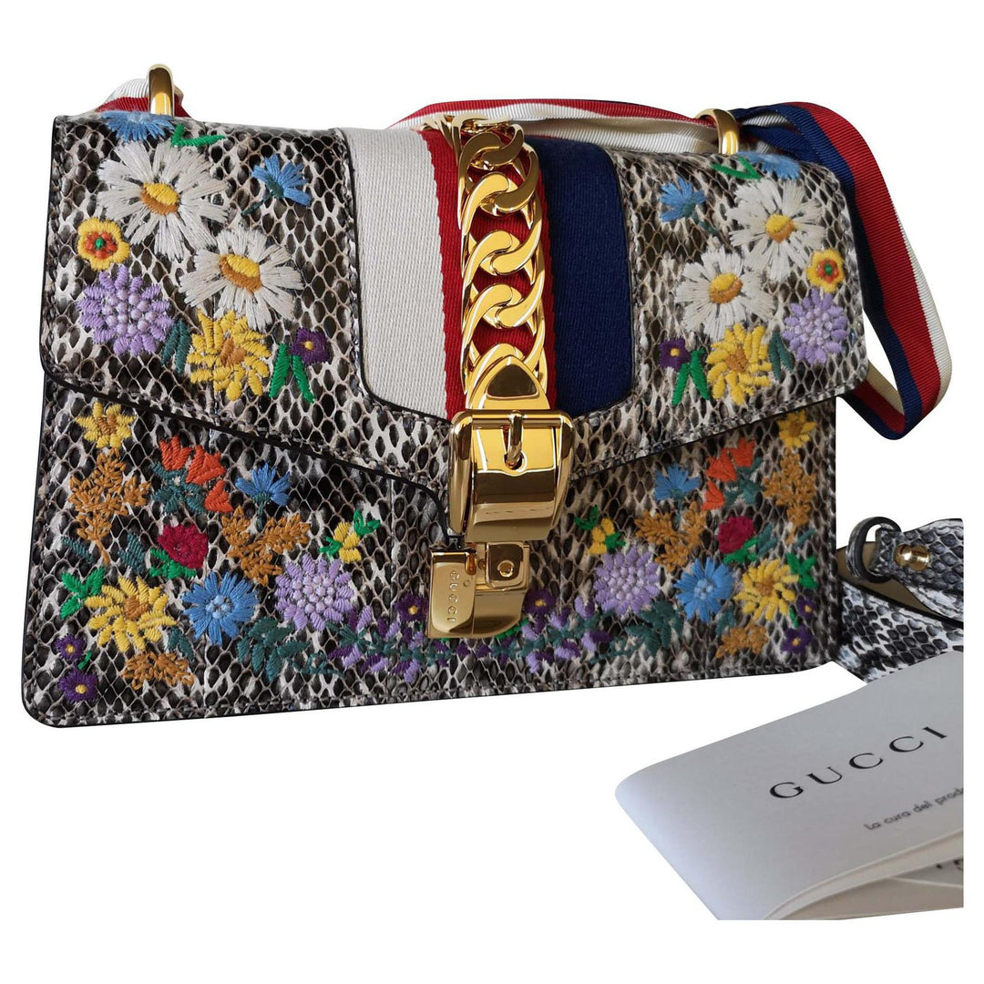 GUCCI SYLVIE FLORAL PYTHON SHOULDER BAG-HS