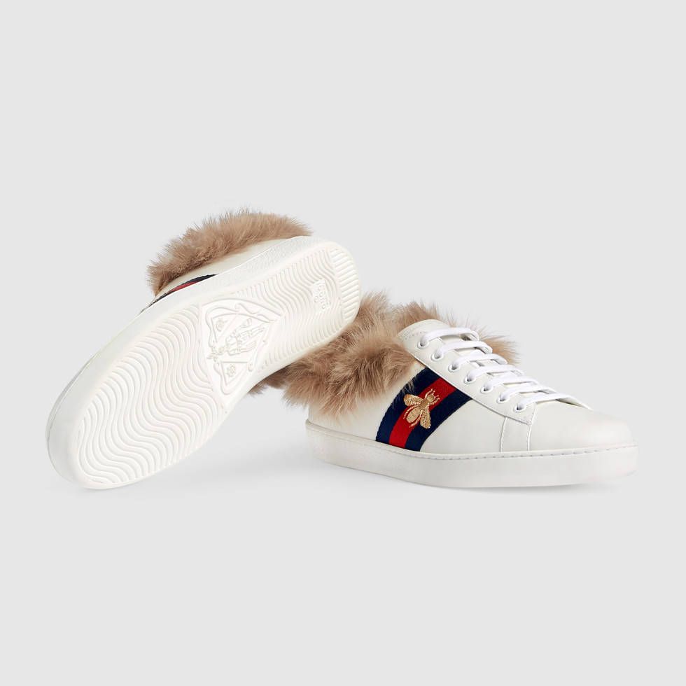 Gucci Calfskin Wool Web Bee Embroidered Mens Ace Sneakers