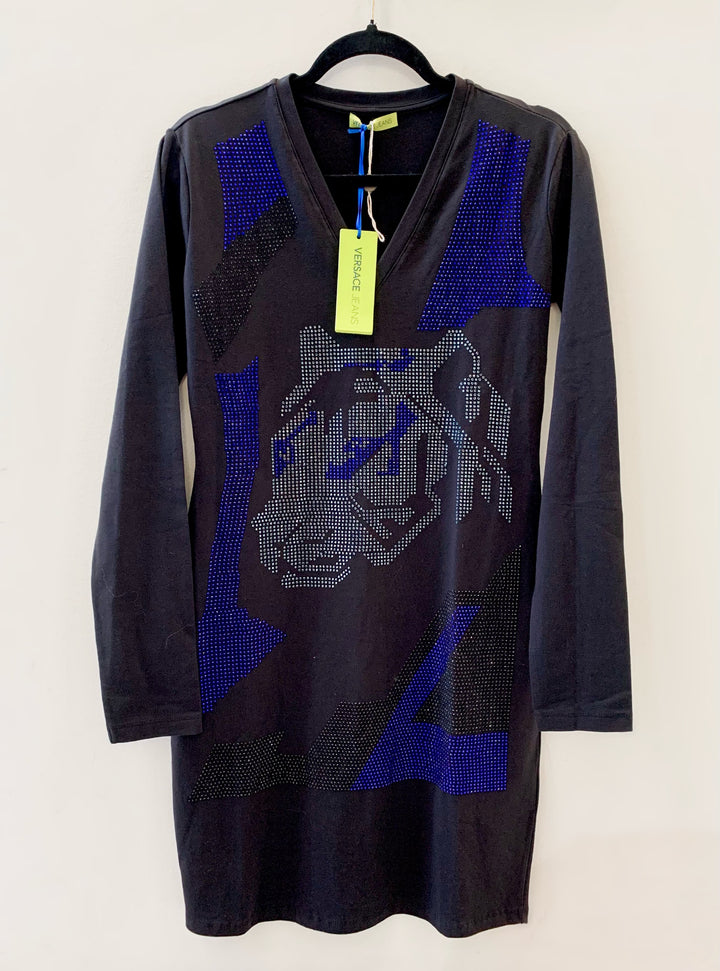 VERSACE JEANS RHINESTONE V-NECK LONG SLEEVE DRESS
