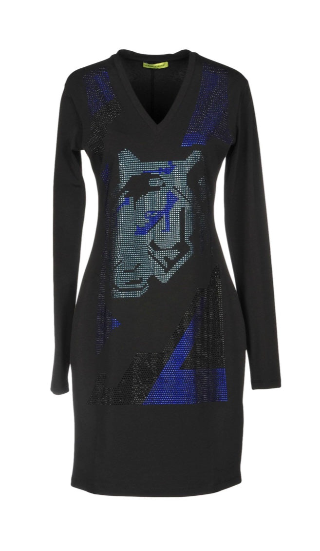 VERSACE JEANS RHINESTONE V-NECK LONG SLEEVE DRESS