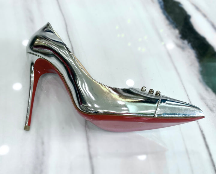 CHRISTIAN LOUBTOUTIN SILVER SPECCHIO LAMINATO HEELS