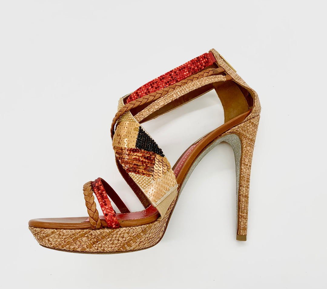 RENÉ CAOVILLA BRAIDED STRAP RHINESTONE SEQUIN HEELS