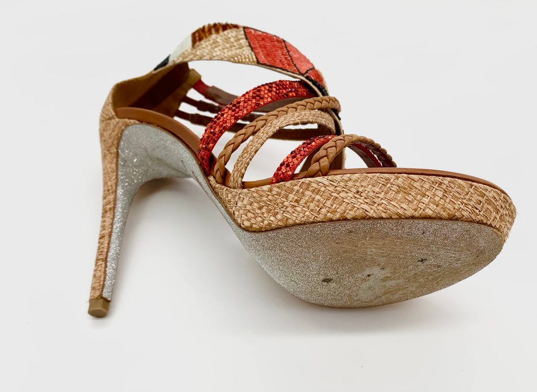 RENÉ CAOVILLA BRAIDED STRAP RHINESTONE SEQUIN HEELS
