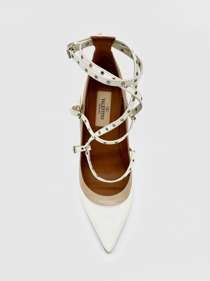 VALENTINO OFF-WHITE LEATHER STRAPPY HEELS