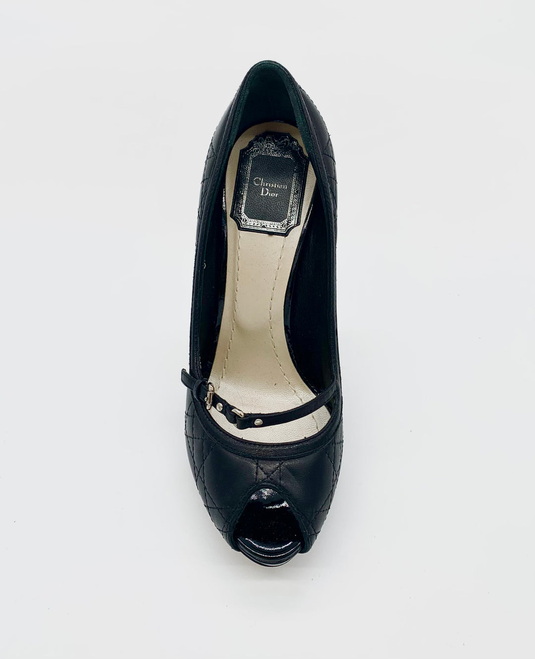CHRISTIAN DIOR CANNAGE QUILTED LEATHER PEEP TOE PUMPS