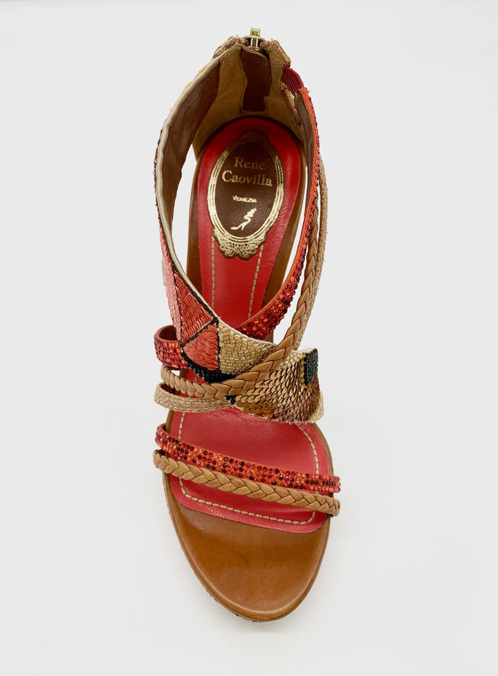 RENÉ CAOVILLA BRAIDED STRAP RHINESTONE SEQUIN HEELS