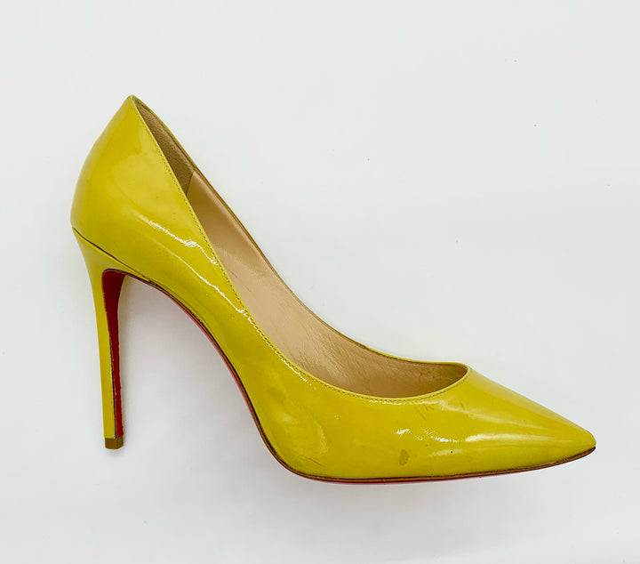 CHRISTIAN LOUBOUTIN YELLOW PATENT LEATHER STILETTO PUMPS