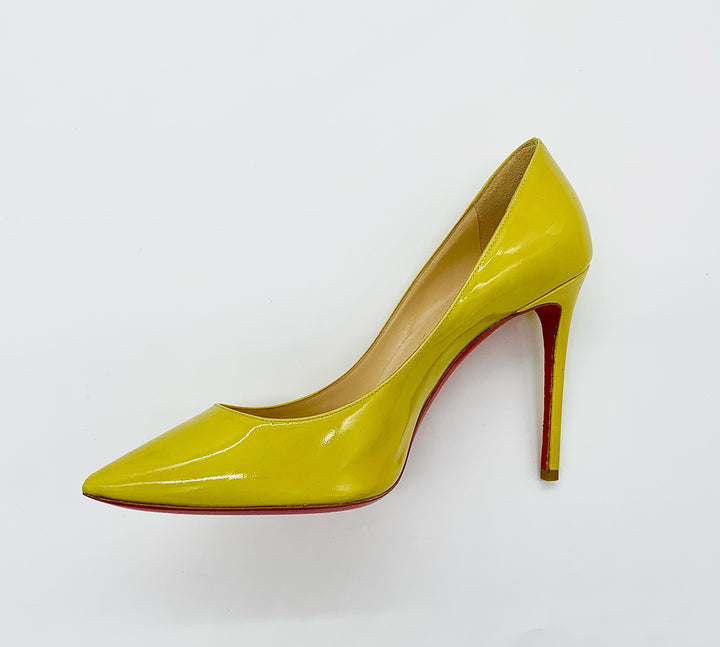 CHRISTIAN LOUBOUTIN YELLOW PATENT LEATHER STILETTO PUMPS