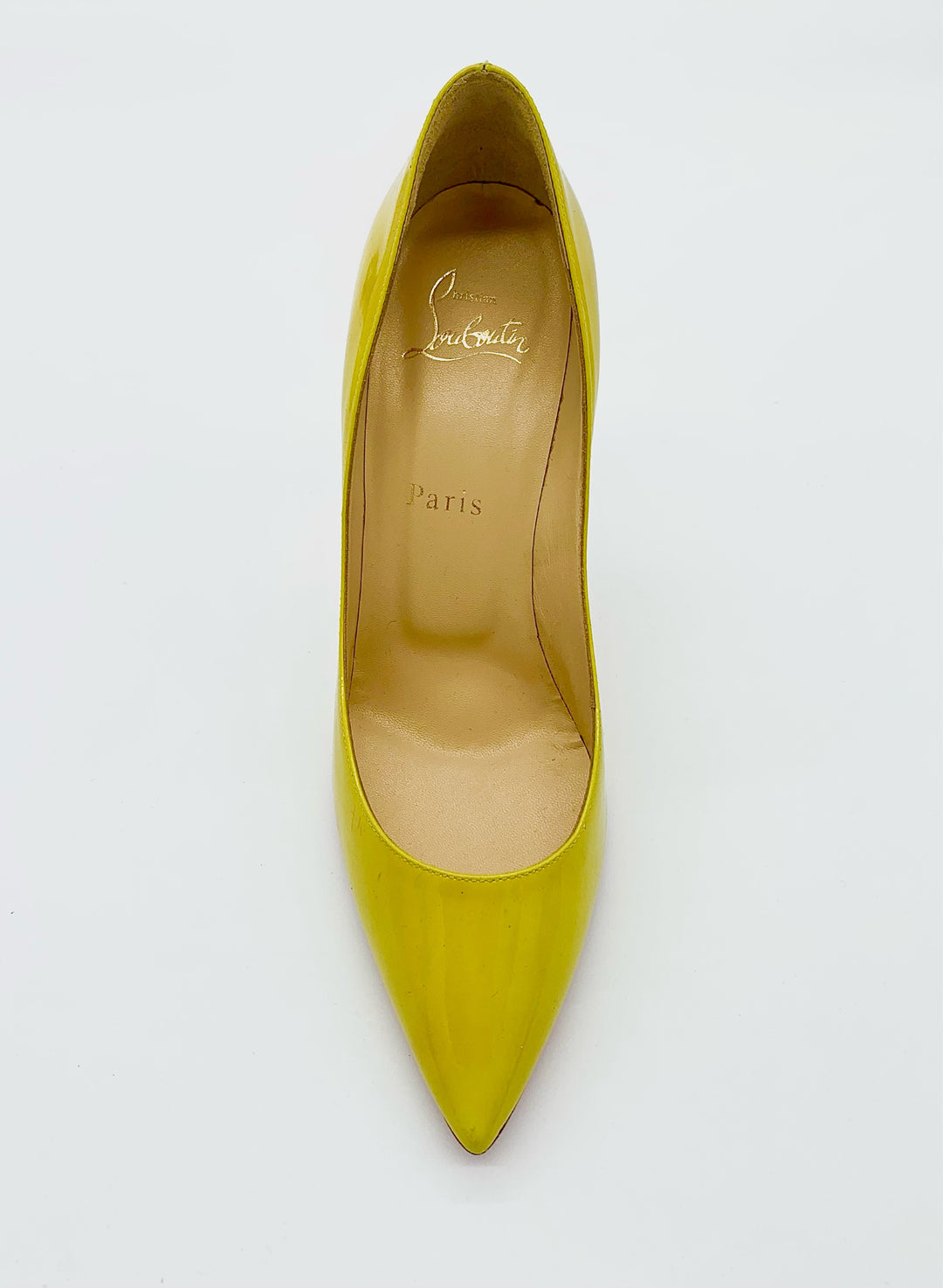 CHRISTIAN LOUBOUTIN YELLOW PATENT LEATHER STILETTO PUMPS