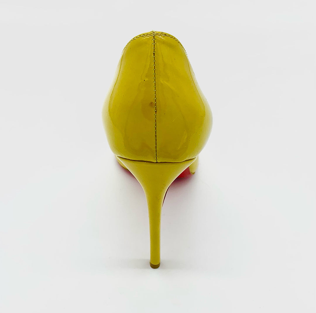 CHRISTIAN LOUBOUTIN YELLOW PATENT LEATHER STILETTO PUMPS