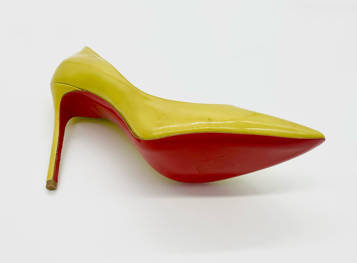 CHRISTIAN LOUBOUTIN YELLOW PATENT LEATHER STILETTO PUMPS