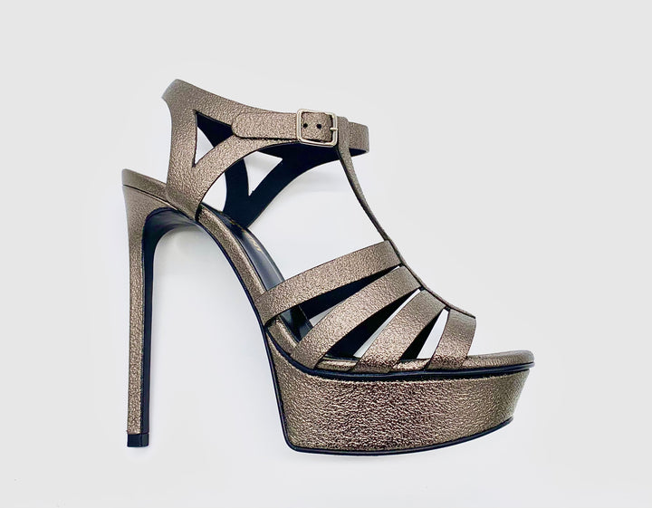 SAINT LAURENT METALLIC BROWN PLATFORM SANDALS
