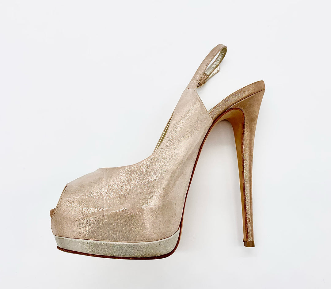 GIUSEPPE ZANOTTI ROSE GOLD LEATHER PEEP TOE SLINGBACK PUMPS