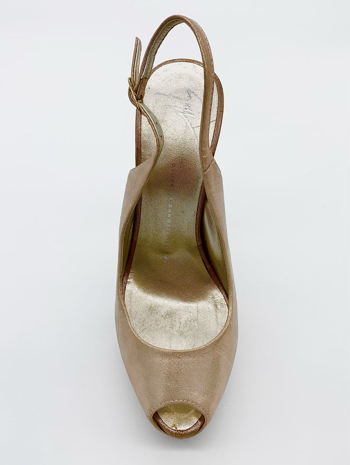 GIUSEPPE ZANOTTI ROSE GOLD LEATHER PEEP TOE SLINGBACK PUMPS