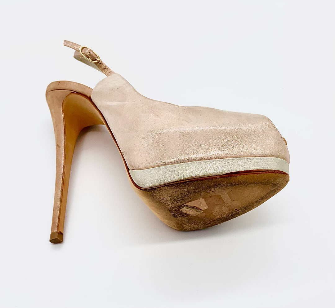 GIUSEPPE ZANOTTI ROSE GOLD LEATHER PEEP TOE SLINGBACK PUMPS