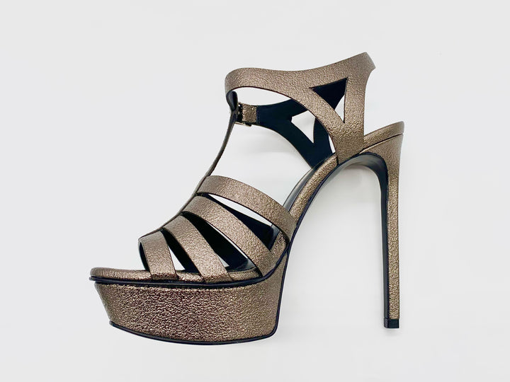 SAINT LAURENT METALLIC BROWN PLATFORM SANDALS