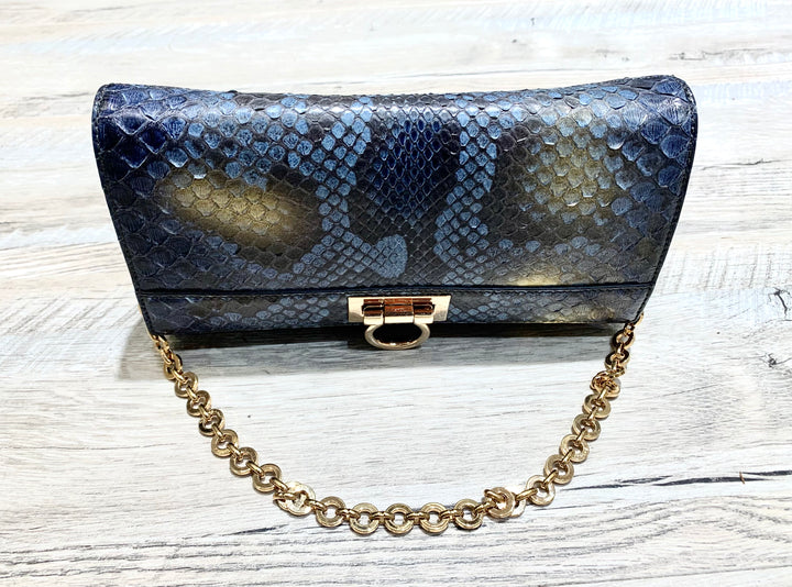 SALVATORE FERRAGAMO GANCINI BLUE PYTHON CLUTCH