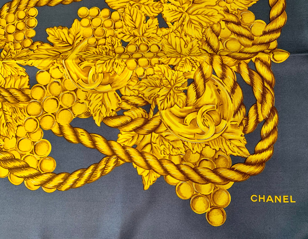 CHANEL GREY FOLIAGE SILK SCARF