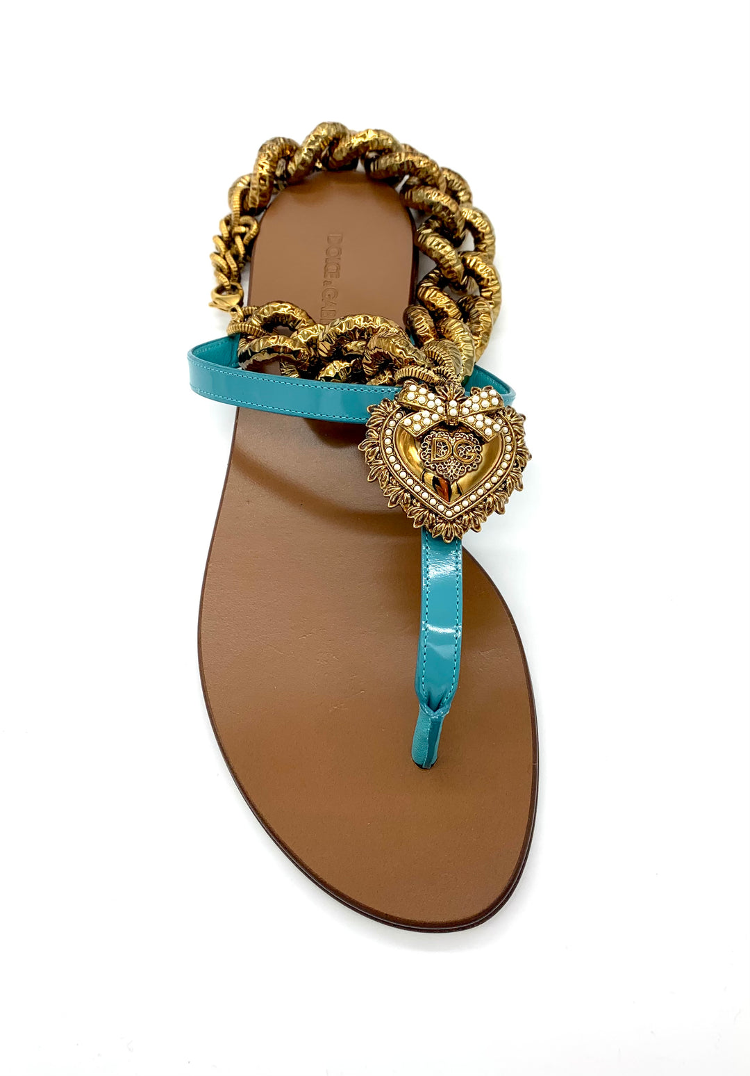 D &amp; G DEVOTION HEART EMBELLISHED CALFSKIN LEATHER FLAT MULES