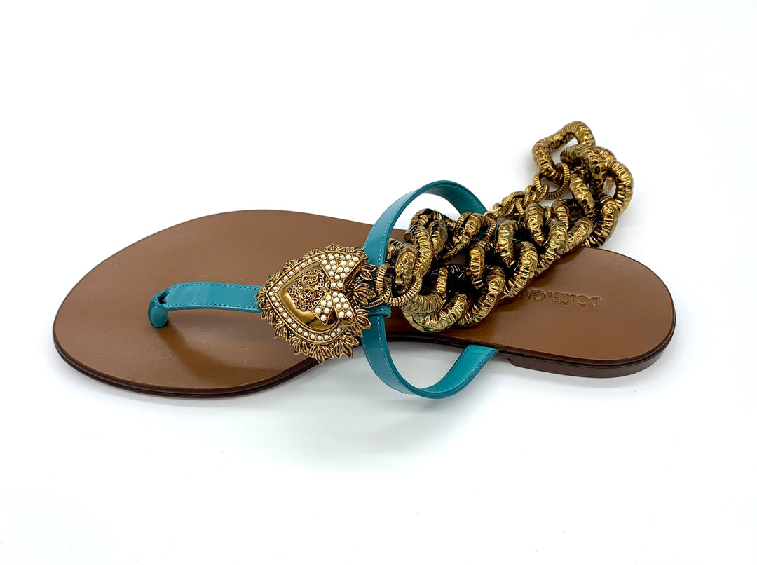 D &amp; G DEVOTION HEART EMBELLISHED CALFSKIN LEATHER FLAT MULES