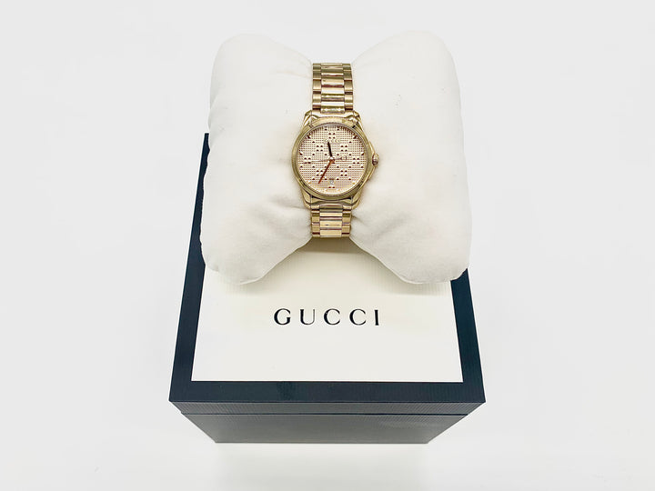 GUCCI G-TIMELESS YELLOW GOLD DIAMOND PATTERN DIAL WATCH