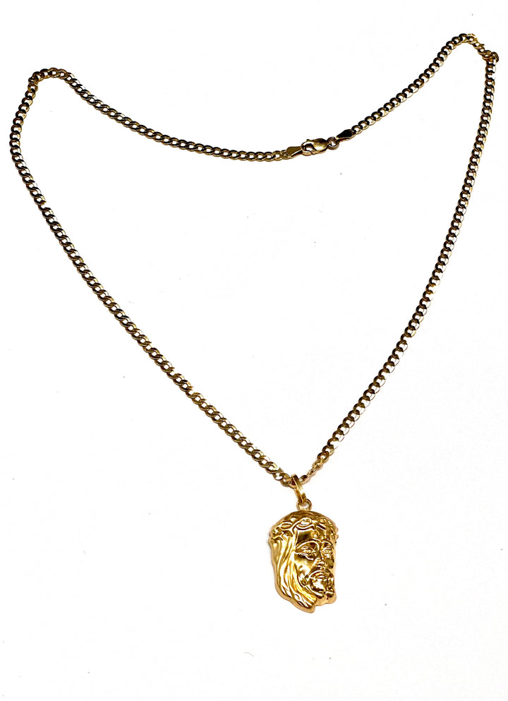 JESUS HEAD CHARM 14K YELLOW GOLD ON CUBAN LINK NECKLACE