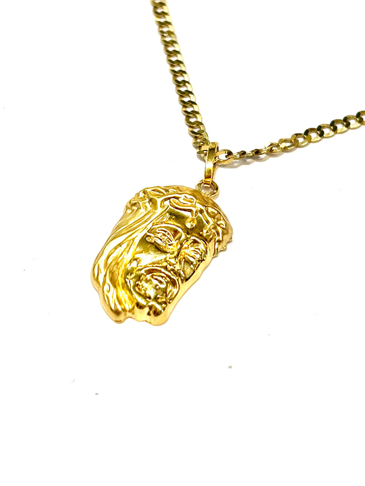 JESUS HEAD CHARM 14K YELLOW GOLD ON CUBAN LINK NECKLACE