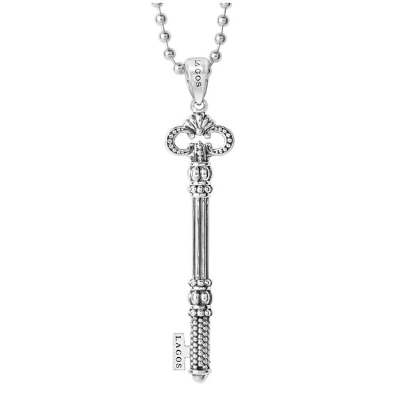 LAGOS STERLING SILVER 18K GOLD CAVIAR SKELETON KEY PENDANT NECKLACE