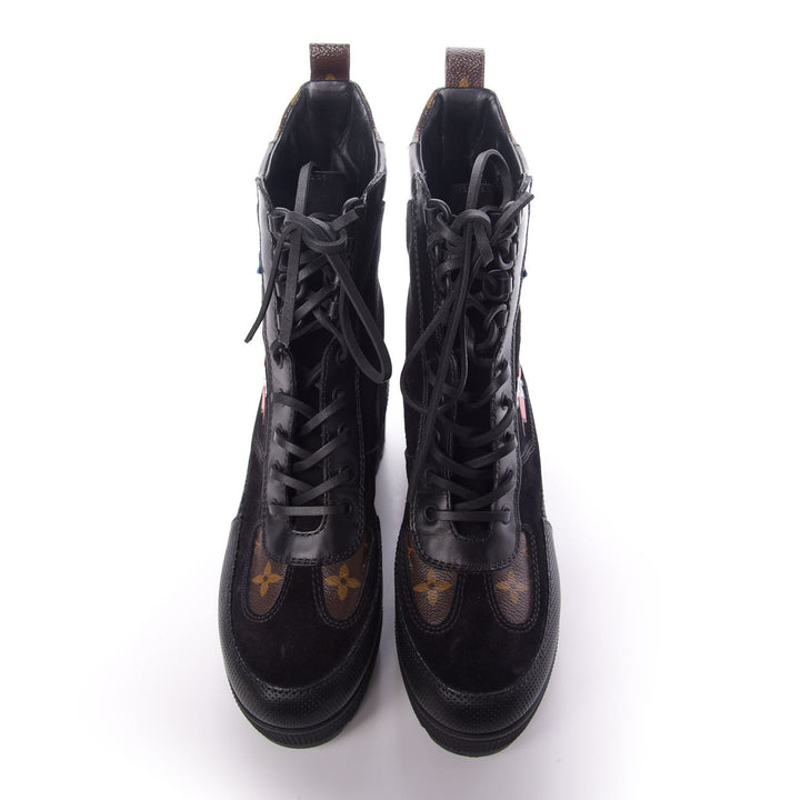 LOUIS VUITTON CALFSKIN MONOGRAM LV HEART LAUREATE PLATFORM DESERT BOOTS