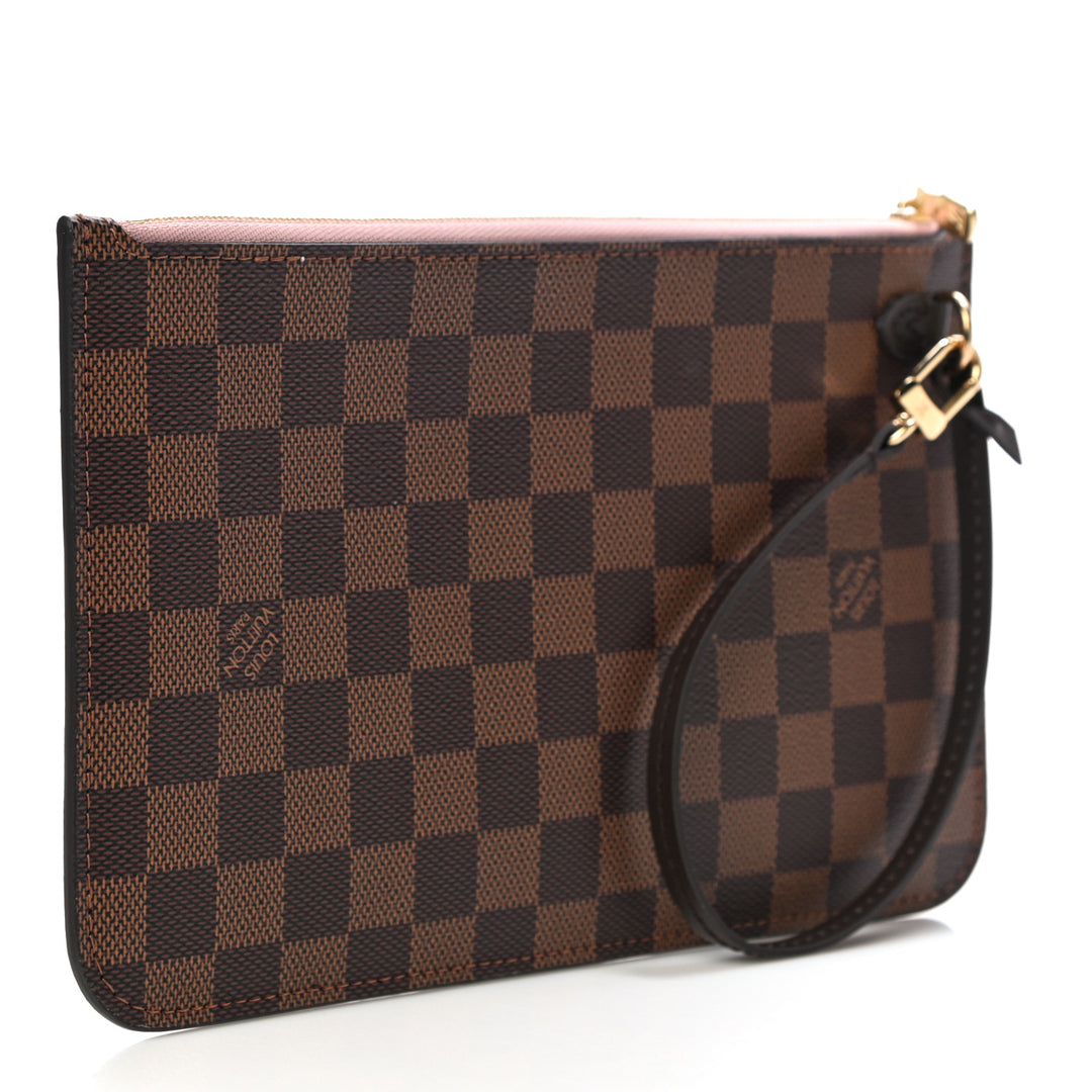 LOUIS VUITTON DAMIER EBENE NEVERFULL POCHETTE WRISTLET ROSE BALLERINE