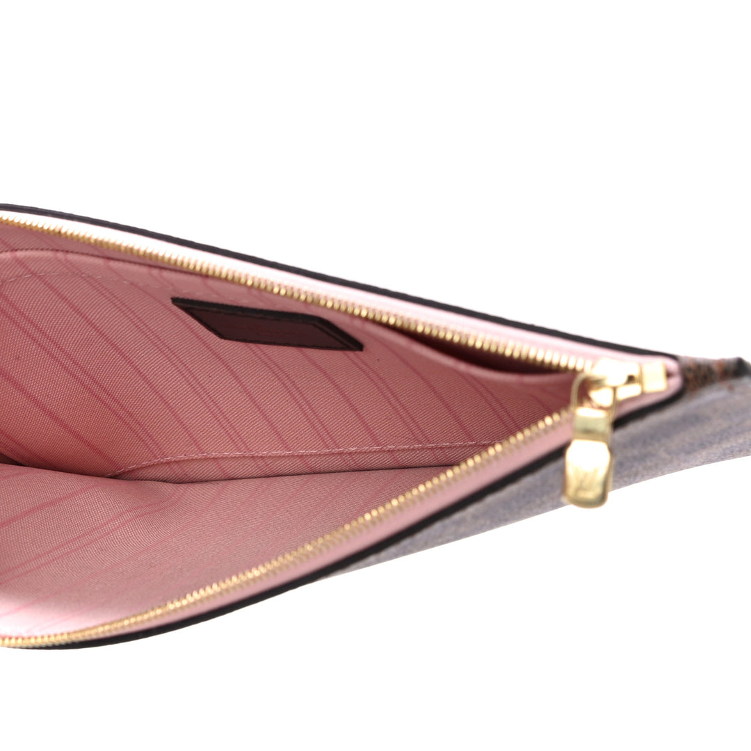 LOUIS VUITTON DAMIER EBENE NEVERFULL POCHETTE WRISTLET ROSE BALLERINE