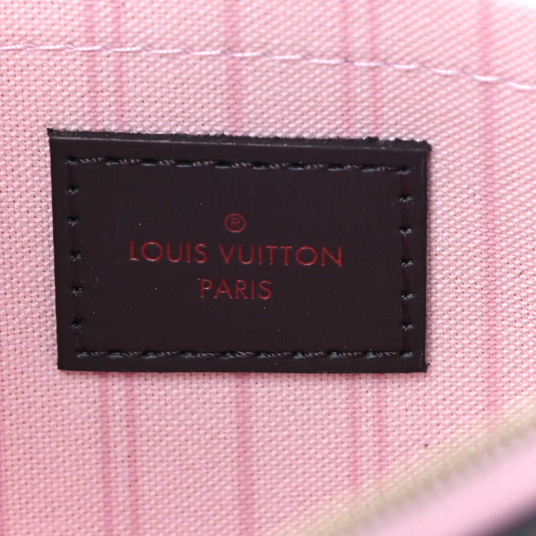 LOUIS VUITTON DAMIER EBENE NEVERFULL POCHETTE WRISTLET ROSE BALLERINE