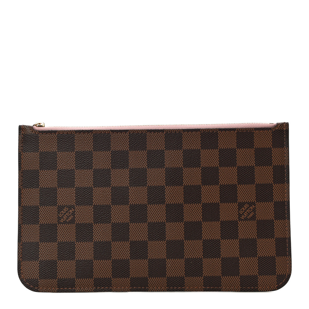 LOUIS VUITTON DAMIER EBENE NEVERFULL POCHETTE WRISTLET ROSE BALLERINE