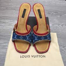 LOUIS VUITTON MONOGRAM DENIM AND LEATHER SLIDE MULES