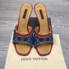 Louis Vuitton Blue/Red Monogram Denim and Crocodile Mule Sandals