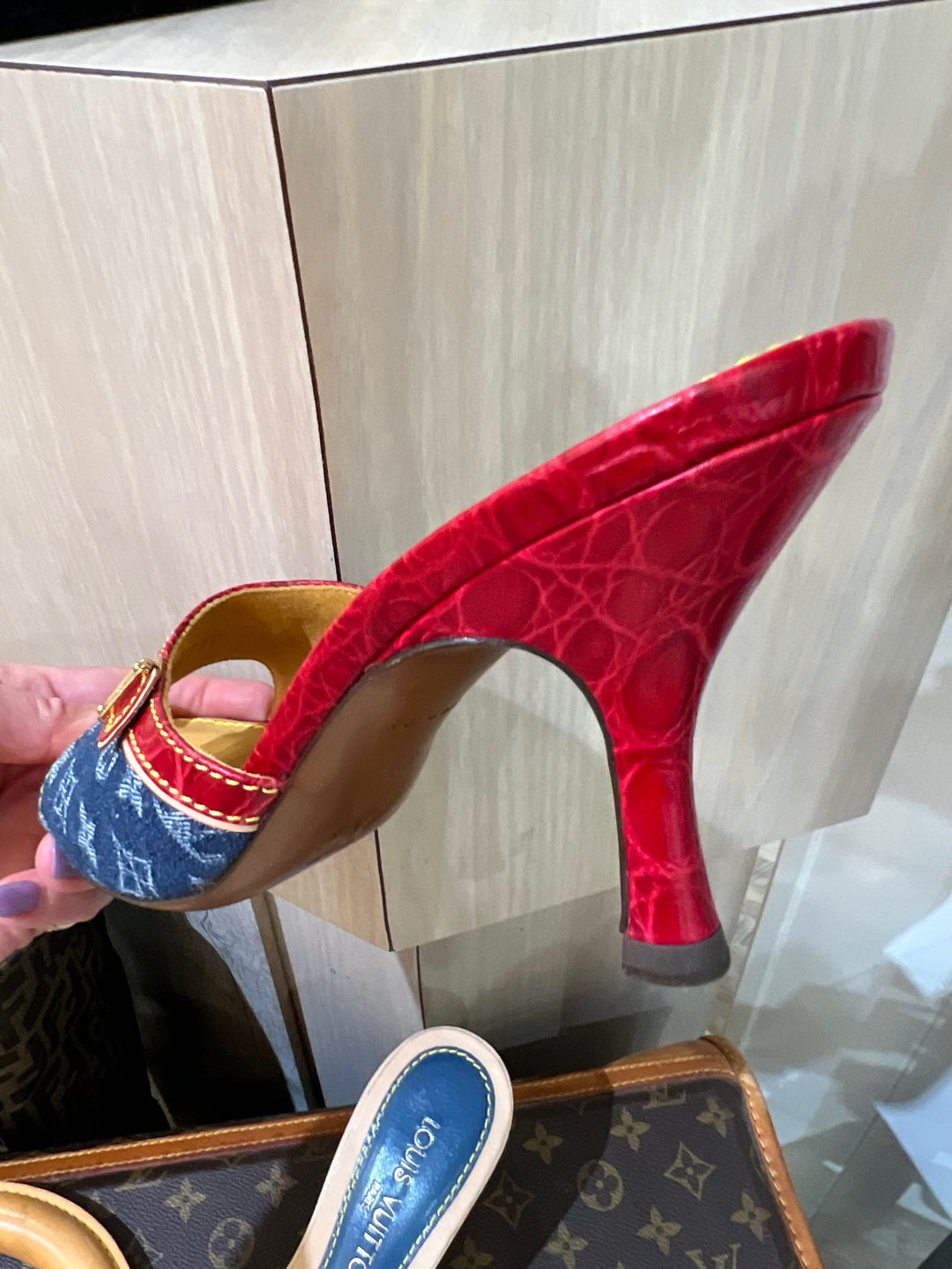 LOUIS VUITTON MONOGRAM DENIM AND LEATHER SLIDE MULES