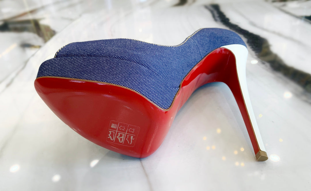CHRISTIAN LOUBOUTIN SO KATE DENIM PLATFORM HEELS