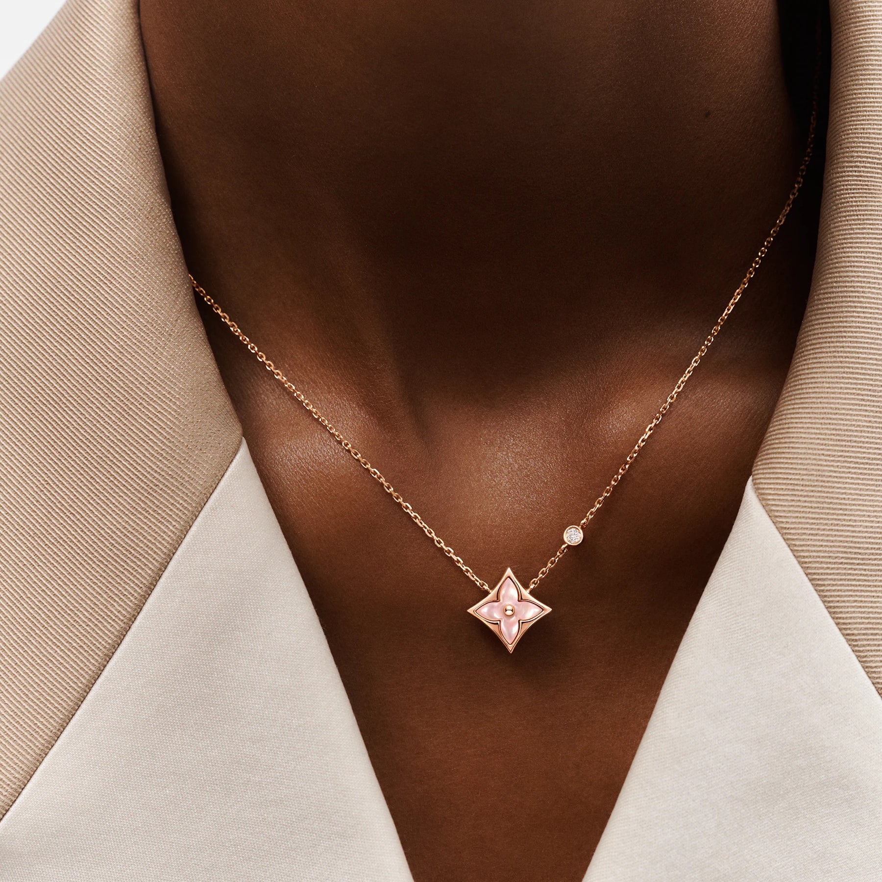 LOUIS VUITTON 18K Pink Gold Diamond Pink Mother of Pearl Color Blossom BB  Star Pendant Necklace 1287570