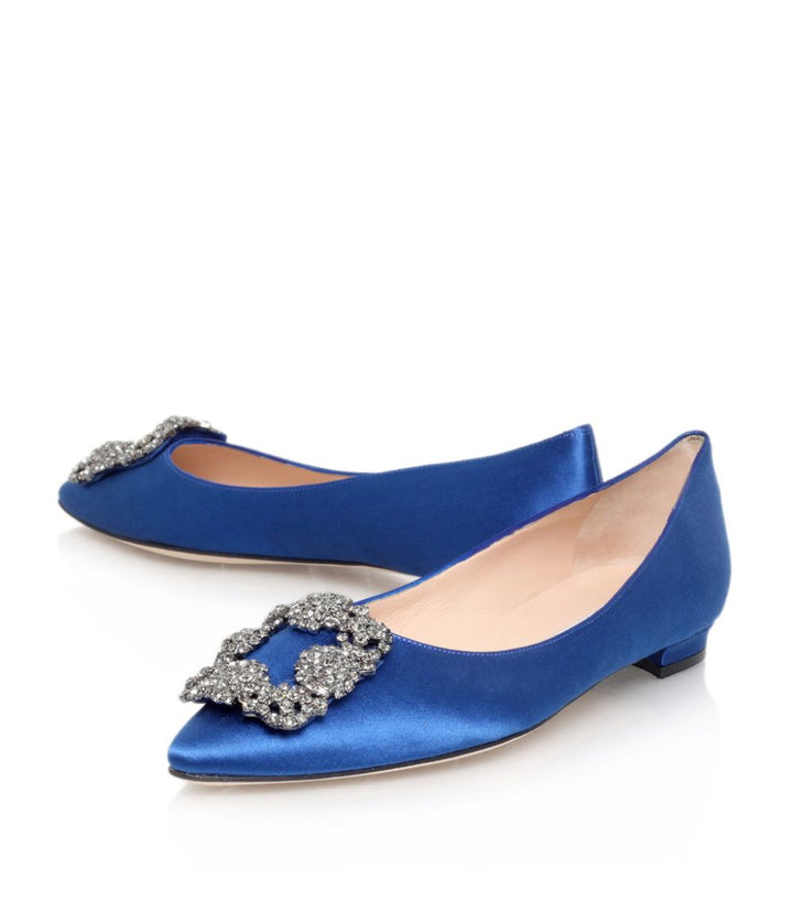 MANOLO BLAHNIK HANGISIFLAT SATIN JEWEL BUCKLE FLAT SHOES