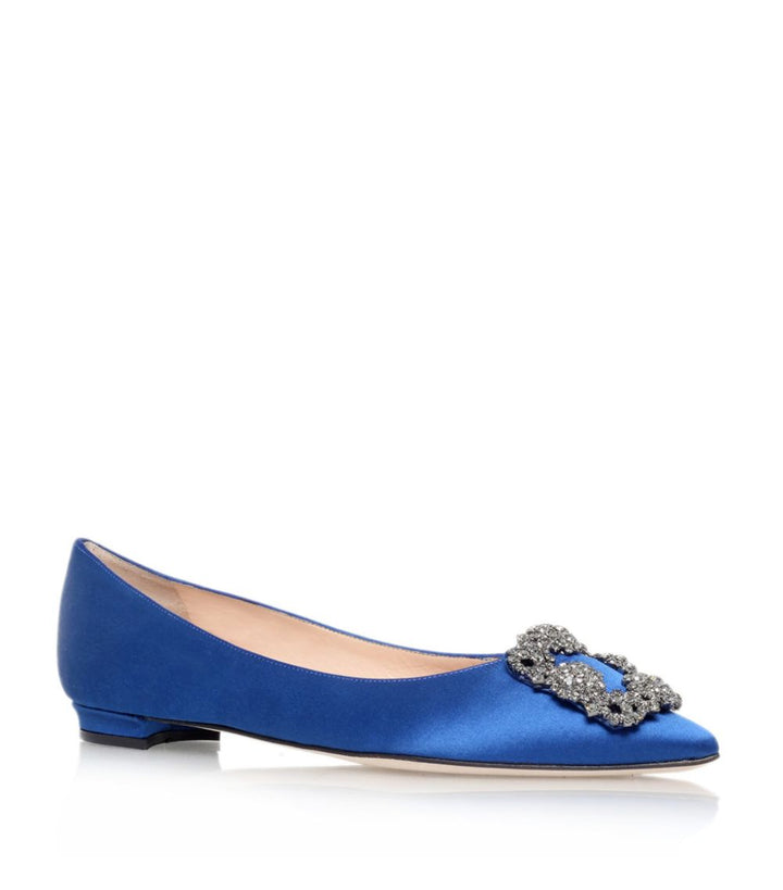 MANOLO BLAHNIK HANGISIFLAT SATIN JEWEL BUCKLE FLAT SHOES