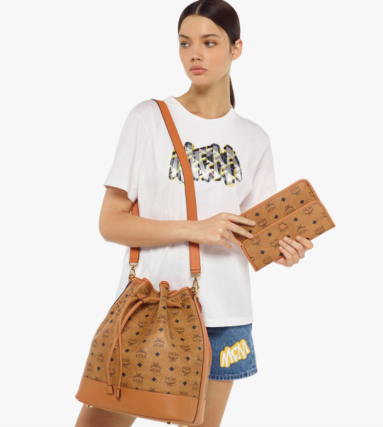 MCM DESSAU DRAWSTRING BAG &amp; POUCH VISETOS COGNAC
