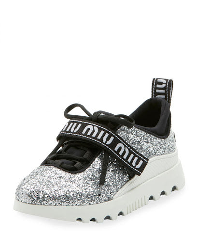 MIU MIU Siver Glitter Trainer Sneakers