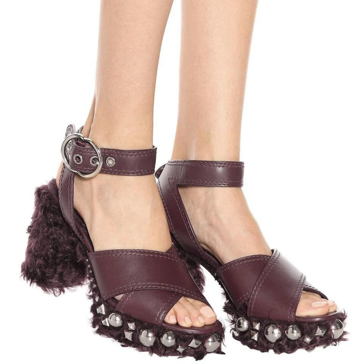 MIU MIU STUDDED FAUX SHEARLING PLATFORM SANDALS