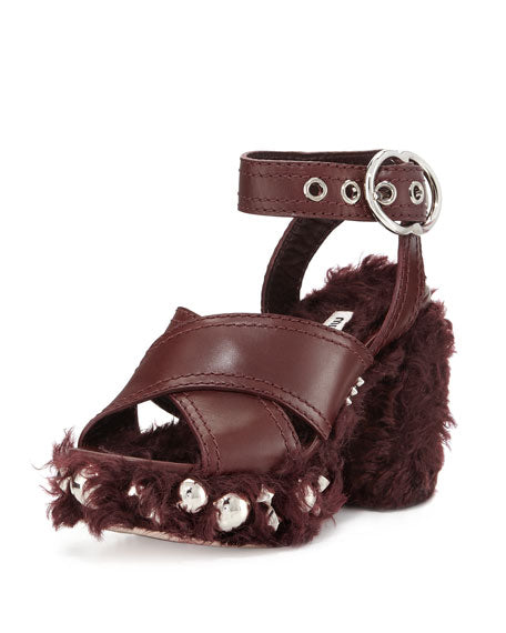 MIU MIU STUDDED FAUX SHEARLING PLATFORM SANDALS