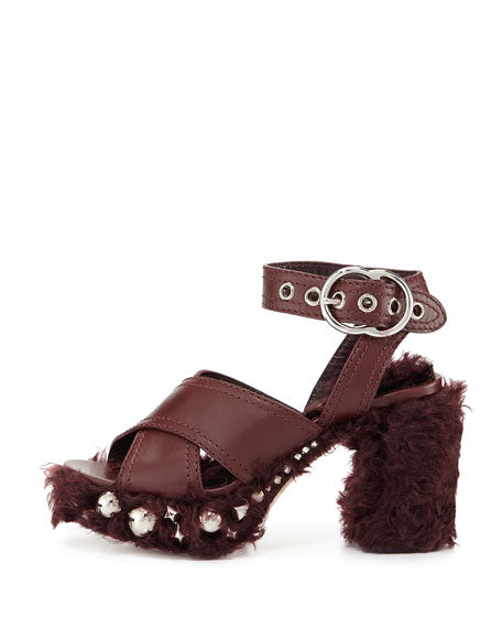 MIU MIU STUDDED FAUX SHEARLING PLATFORM SANDALS