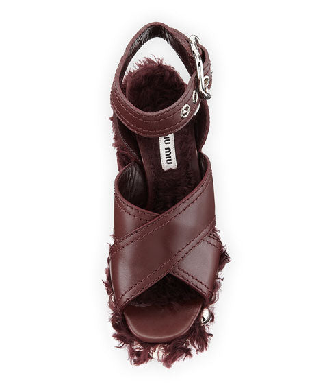 MIU MIU STUDDED FAUX SHEARLING PLATFORM SANDALS