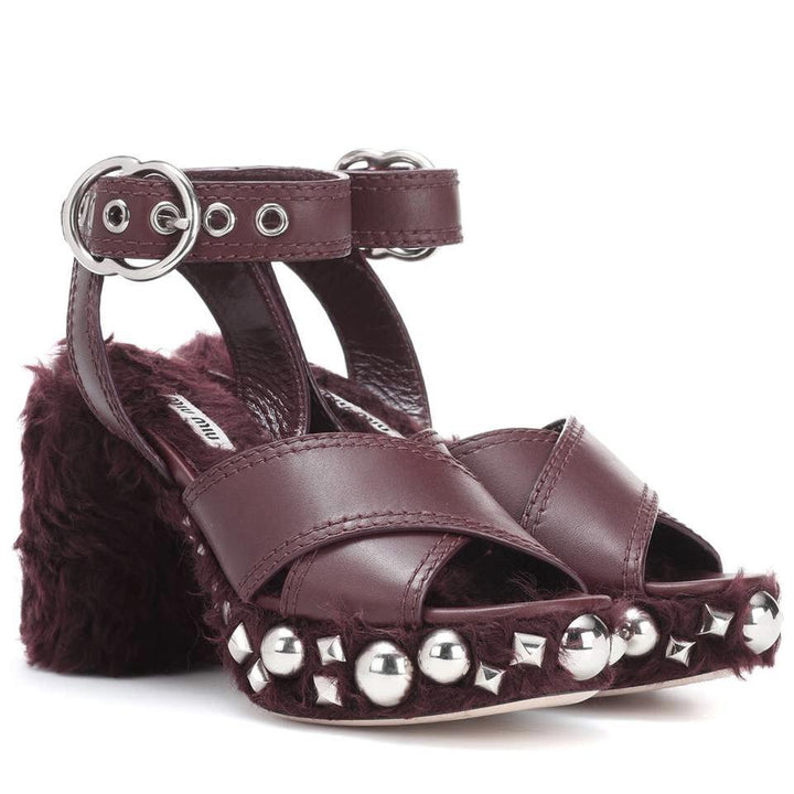 MIU MIU STUDDED FAUX SHEARLING PLATFORM SANDALS