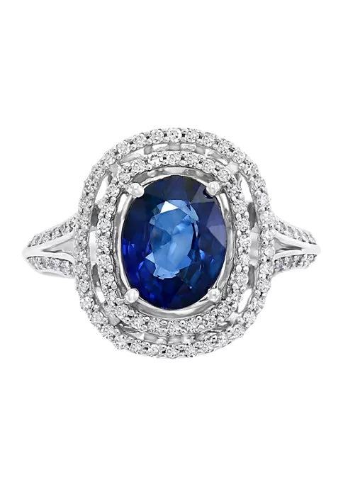 14K WHITE GOLD OVAL BLUE SAPPHIRE DIAMOND DOUBLE HALO ENGAGEMENT RING