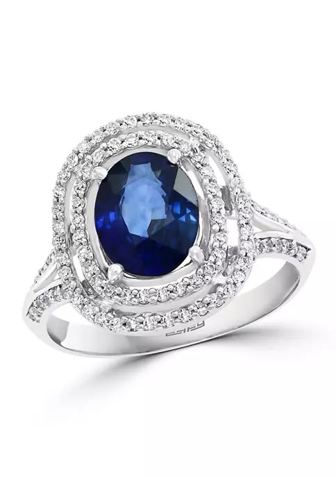 14K WHITE GOLD OVAL BLUE SAPPHIRE DIAMOND DOUBLE HALO ENGAGEMENT RING