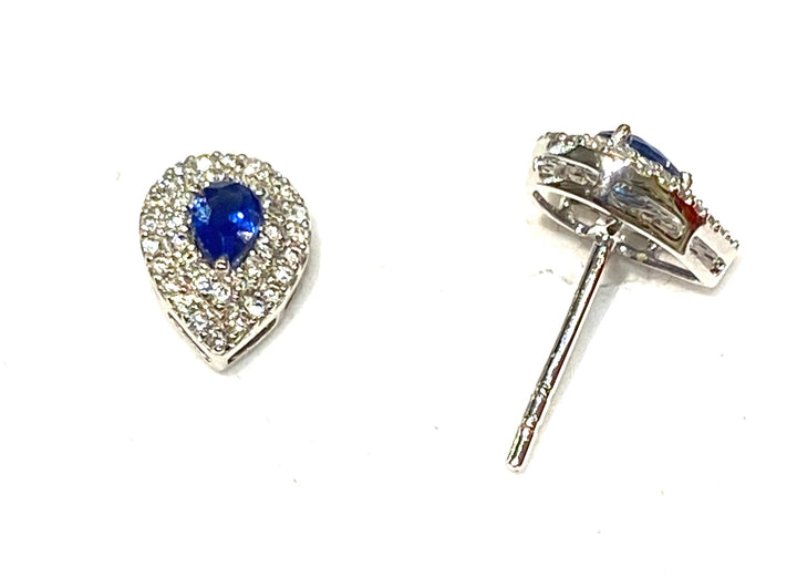 PEAR SHAPE 14K GOLD BLUE SAPPHIRE DIAMOND STUD EARRINGS